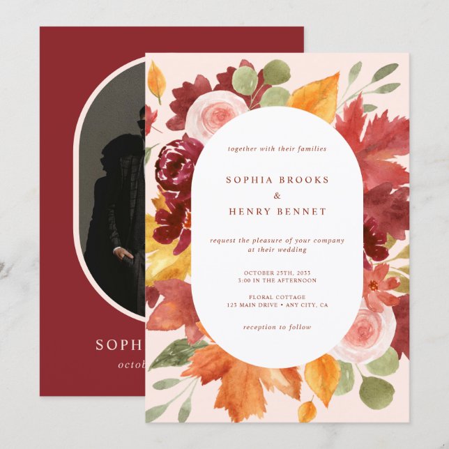 Boho Burgundy Rustic Floral Foto Wedding Einladung (Vorne/Hinten)