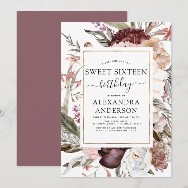 Boho Burgundy Sweet 16 Birthday Floral Einladung (Vorne/Hinten)
