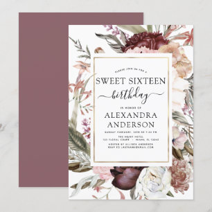 Boho Burgundy Sweet 16 Birthday Floral Einladung