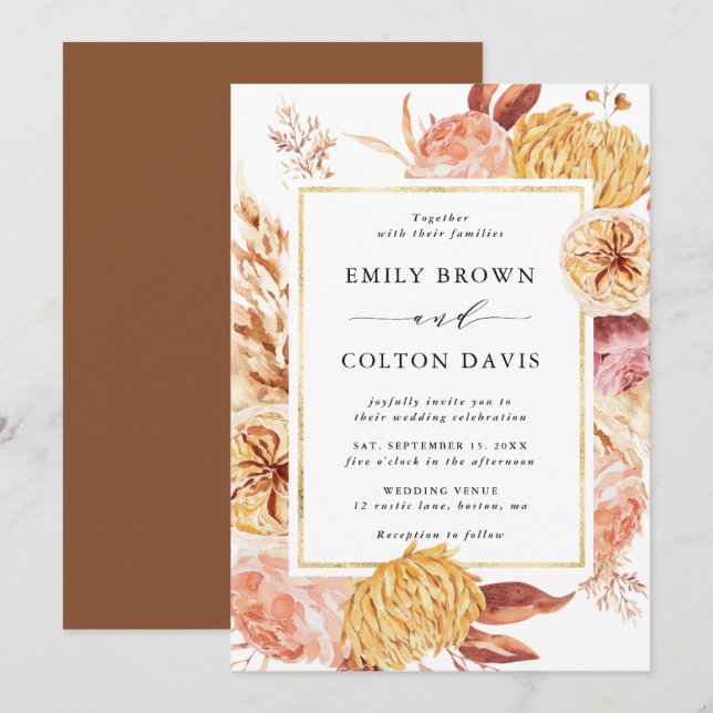 Boho Burgundy Terracotta Blume Gold Frame Wedding Einladung (Vorne/Hinten)