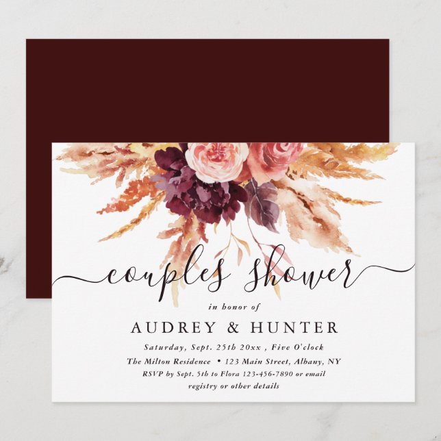 Boho Burgundy Terracotta Floral Couples Dusche  Einladung (Vorne/Hinten)