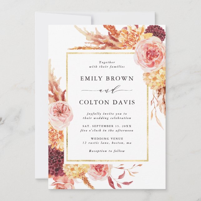Boho Burgundy Terracotta Floral Gold Rahmen Weddin Einladung (Vorderseite)