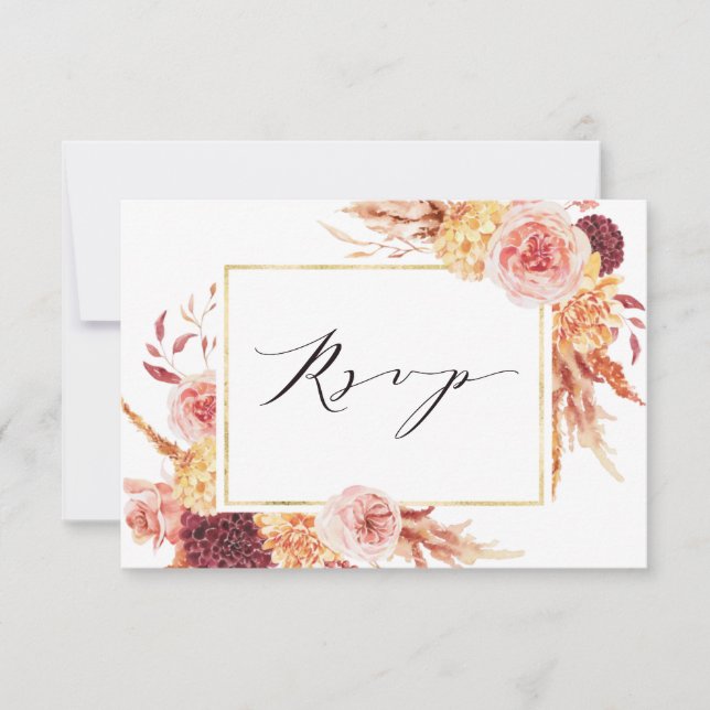 Boho Burgundy Terracotta Floral Gold Rahmen Weddin RSVP Karte (Vorderseite)
