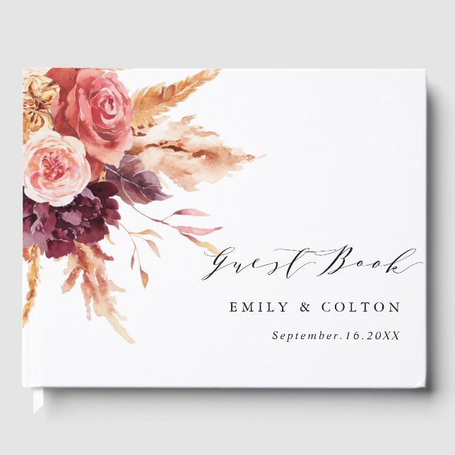 Boho Burgundy Terracotta Floral Wedding Gästebuch (Vorderseite)