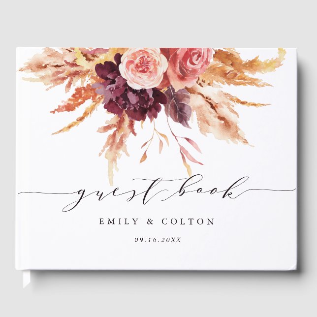 Boho Burgundy Terracotta Floral Wedding Guest Book Gästebuch (Vorderseite)