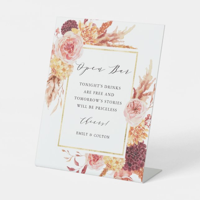 Boho Burgundy Terracotta Floral Wedding Open Bar  Sockelschild (Vorderseite)
