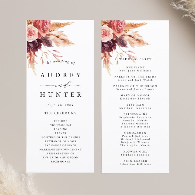 Boho Burgundy Terracotta Floral Wedding Programm (Front & Back)