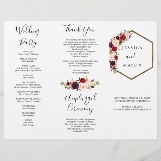 Boho Burgundy Tri-Fold Wedding Program Flyer (Vorne)