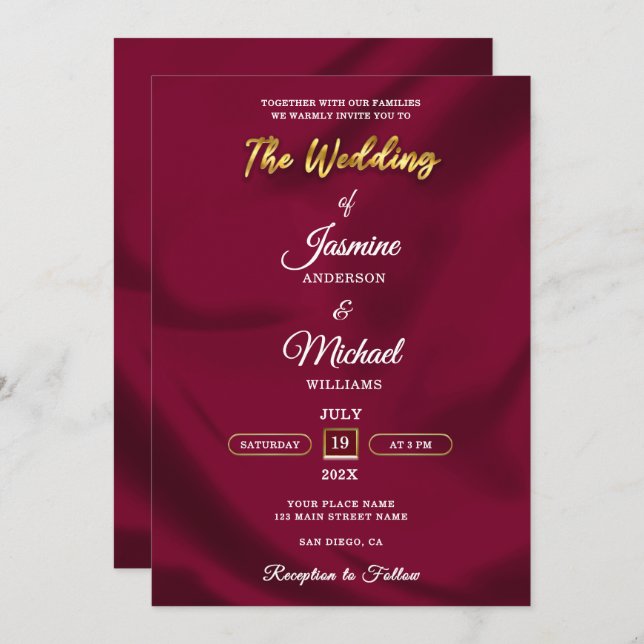 Boho Burgundy und Gold Foil Script Wedding Simple Einladung (Vorne/Hinten)