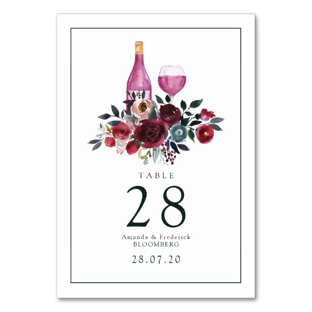 Boho Burgundy und Navy Weinprobe Tischnummer (Vorderseite)