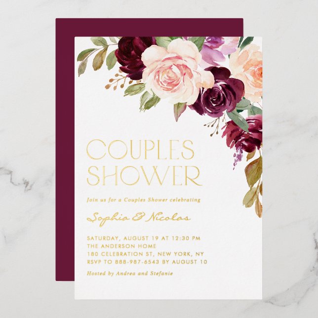 Boho Burgundy und Peach Floral Fall Couples Dusche Folieneinladung (Vorderseite/Rückseite)
