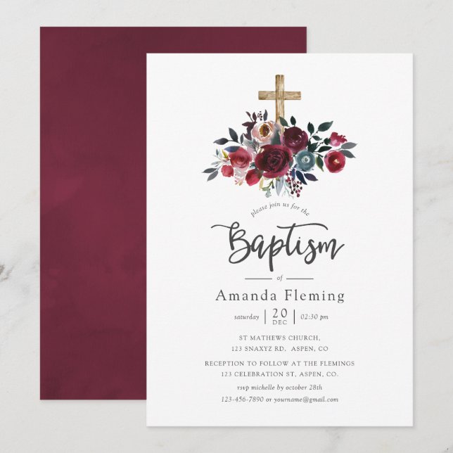 Boho Burgundy und Vavy-Floral-Taufe Einladung (Vorne/Hinten)