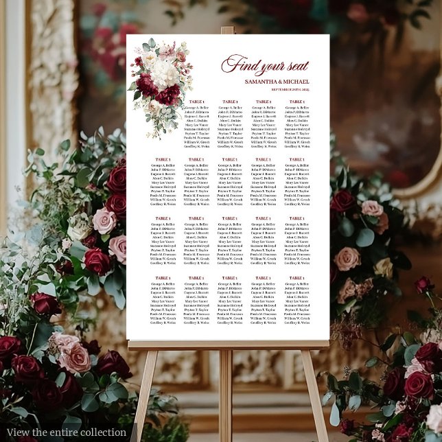 Boho Burgundy White Floral Wedding Chart Poster (Boho wedding seating chart with watercolor burgundy and white roses with gold accents.)