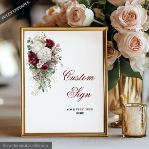 Boho Burgundy White Floral Wedding Custom Sign Poster