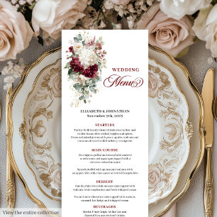 Boho Burgundy White Floral Wedding Menu Card Menükarte