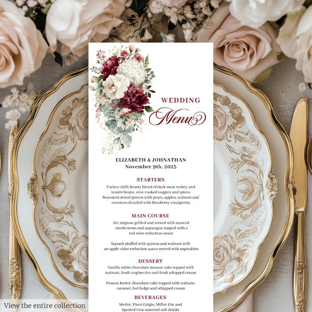 Boho burgundy White gold Blumenkarte Menükarte (Boho burgundy white gold floral wedding menu card

)