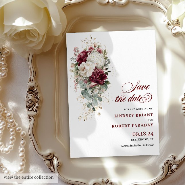 Boho burgundy White gold Blumenkarte Save the Date Einladung (Boho burgundy white gold floral save the date card

)