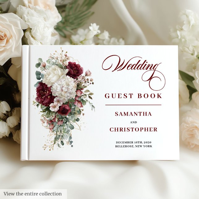 Boho burgundy White gold Rose Hochzeitsgast-Buch Gästebuch (Boho burgundy gold roses wedding guest book design

)