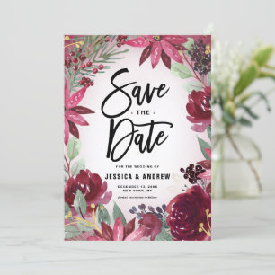 Boho Burgundy Winter Floral Frame Winter Save The Date