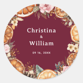 Boho Burgundy Winter Holiday Floral Wedding Runder Aufkleber