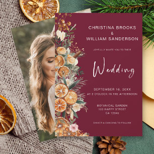 Boho Burgundy Winter Holiday Wedding Foto Einladung