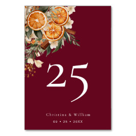 Boho Burgundy Winter Holiday Wedding Tischnummer