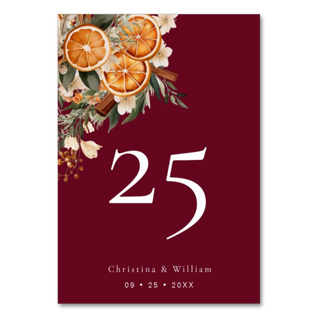 Boho Burgundy Winter Holiday Wedding Tischnummer (Vorderseite)