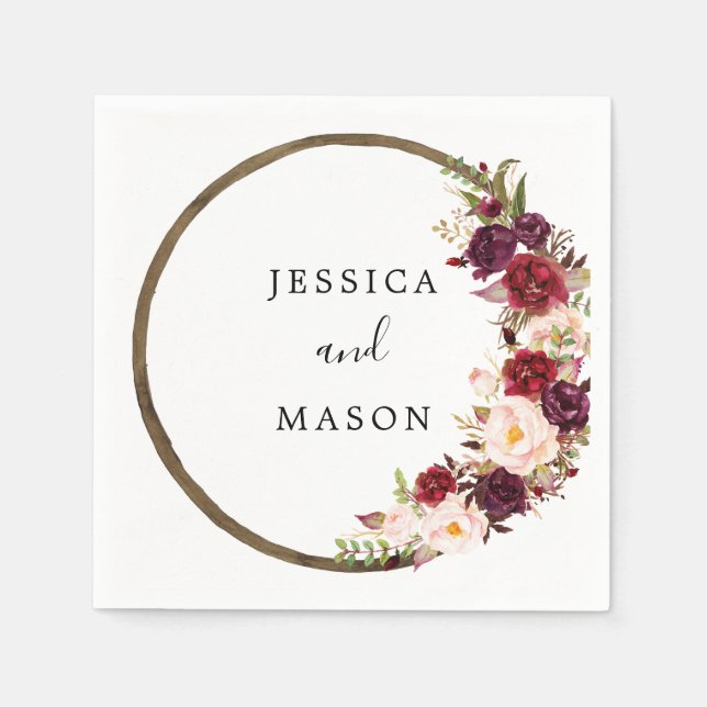 Boho Burgundy Wreath Wedding Cocktail Napkin Serviette (Vorderseite)