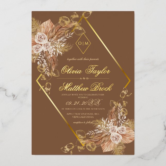 Boho Burn Orange Diamond Gold Wedding Foil Folieneinladung (Vorderseite)