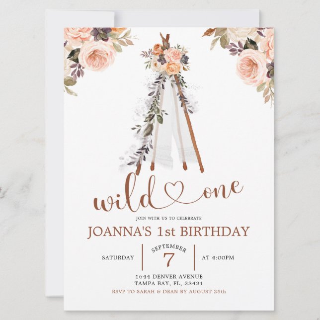 Boho Burn Orange Floral Teepee Girl Einladung (Vorderseite)