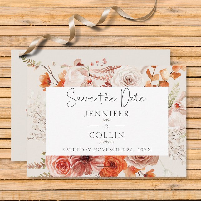 Boho Burnt Orange Fall Floral Arch Monogram Beige Save The Date (Von Creator hochgeladen)