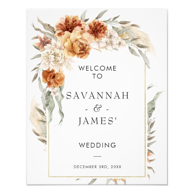 Boho Burnt Orange Floral mit Rahmen Hochzeitszeich Fotodruck (Vorne)