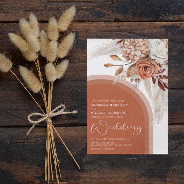 Boho Burnt Orange Floral & Pampas Grass Wedding Einladung (Von Creator hochgeladen)