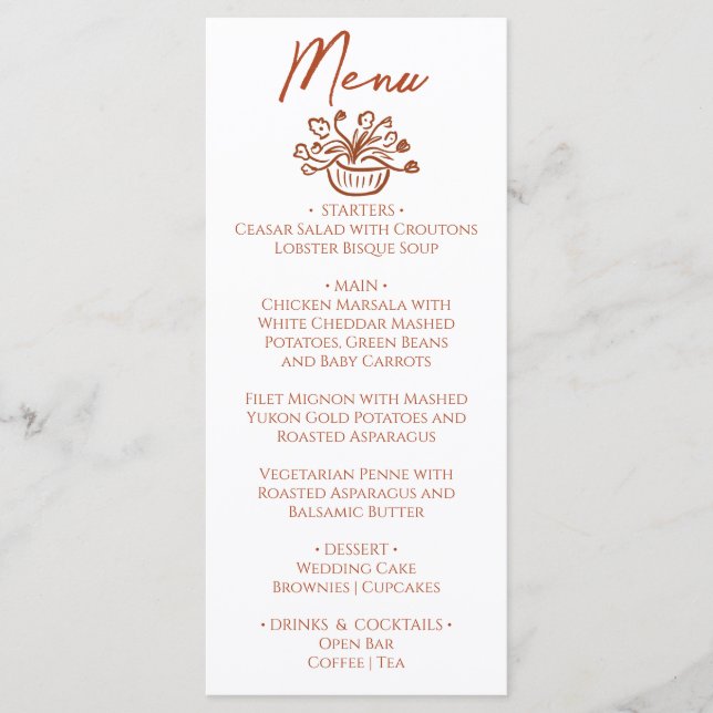 Boho Burnt Orange Hand Drawn Floral Wedding Menu Menükarte (Vorderseite)