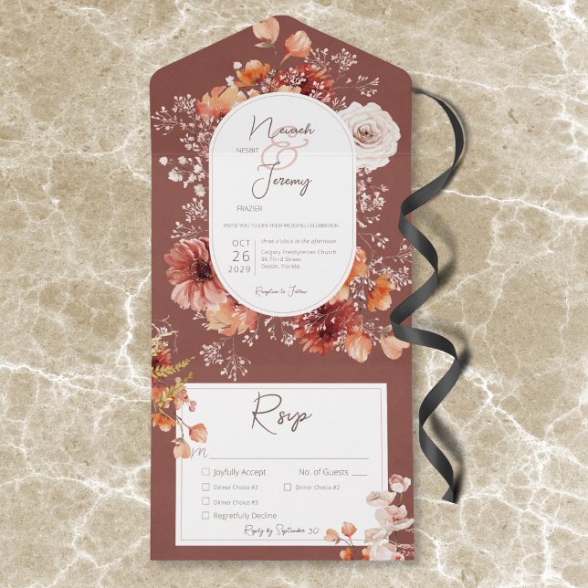 Boho Burnt Orange Rust Fall Floral 3 Abendessen All In One Einladung (Boho Burnt Orange Rust Fall Floral 3 Dinner All In One Invitation)