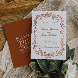 Boho Burnt Orange Rust Floral Botanical Wedding Save The Date