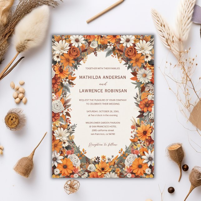 Boho Burnt Orange Sage Floral Foto Hochzeit im Her Einladung (Boho Chic Burnt Orange Terracota Sage Foliage Floral Photo Fall Wedding Invitation)