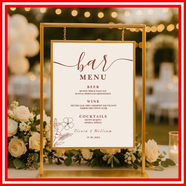 Boho Burnt Orange Wildblumen Wedding Bar Menu Poster (Von Creator hochgeladen)