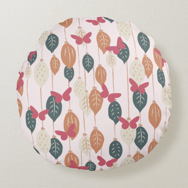 Boho Butterflies & Blätter Muster Rundkissen Rundes Kissen (Vorderseite)