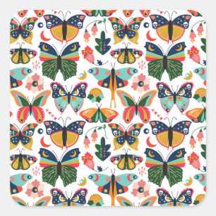 Boho Butterflies: Nahtloses Tapetenmuster. Quadratischer Aufkleber