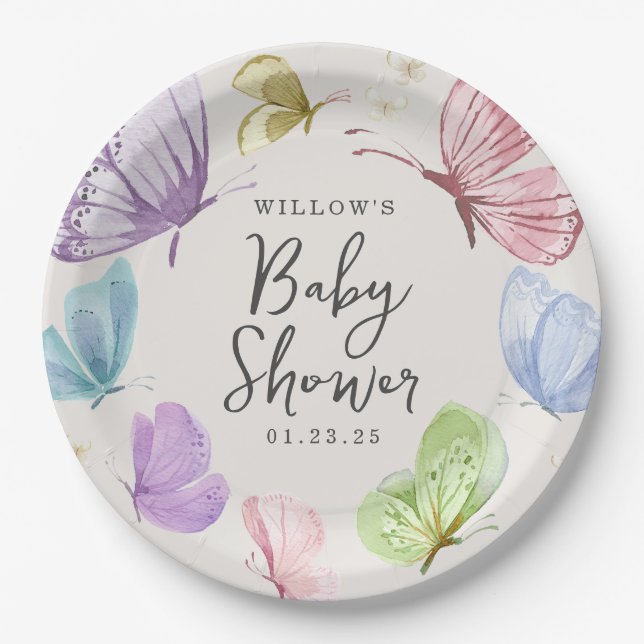Boho Butterfly Baby Dusche Rundpapier Teller (Vorderseite)