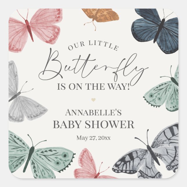 Boho Butterfly Babydusche Einladung Umschlag Quadratischer Aufkleber (Vorderseite)