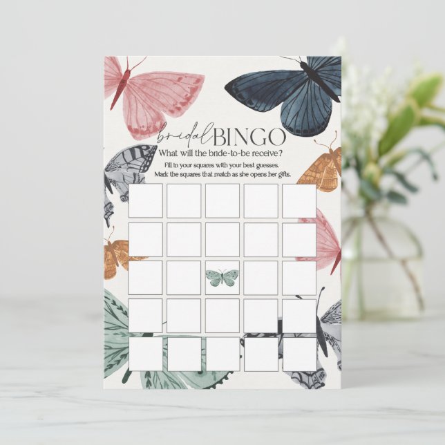 Boho Butterfly Brautparty Games Bridal Bingo Einladung (Stehend Vorderseite)