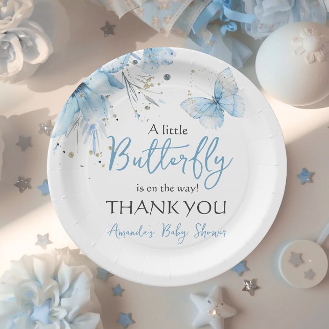 Boho Butterfly Floral Blue Boy Baby Shower Pappteller (Von Creator hochgeladen)