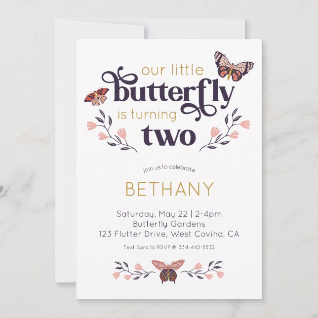 Boho Butterfly Invitation du deuxième anniversaire (Devant)