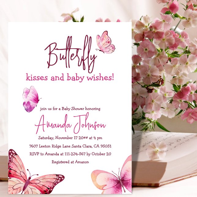 Boho Butterfly Kisses Pink Girl Baby Shower Einladung (Von Creator hochgeladen)