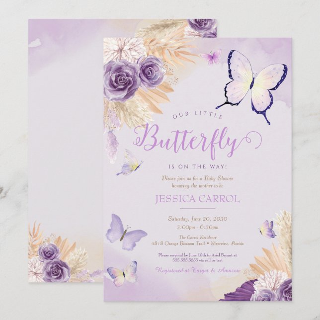 Boho Butterfly Lavender Lila Floral Baby Dusche Einladung (Vorne/Hinten)