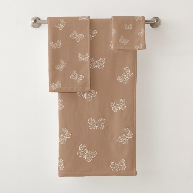 Boho Butterfly Pattern Neutral Modern Tan Brown Badhandtuch Set (Insitu)