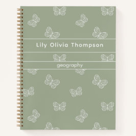 Boho Butterfly Pattern School Girl Name Sage Green Notizbuch