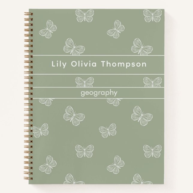 Boho Butterfly Pattern School Girl Name Sage Green Notizbuch (Vorderseite)
